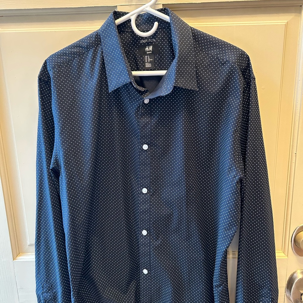 H&M Navy Button-Up Shirt with White Microdots